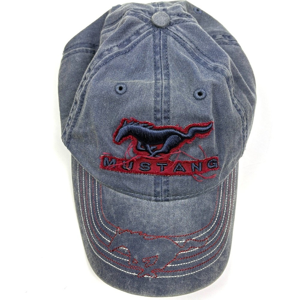 VTG Ford Mustang Ball Cap Hat O/S Adj Hook Loop Strap Embroidered Horse Logo Blu